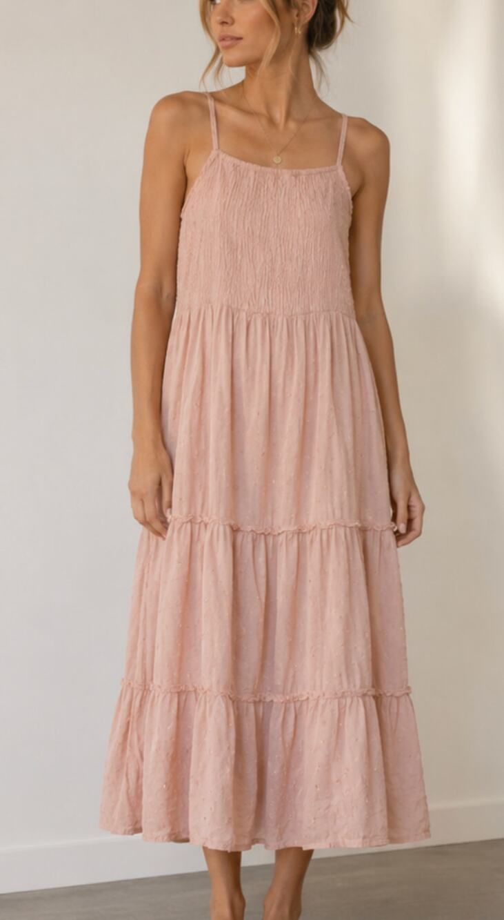 Sim & Sam Pink Swiss Dot Midi Dress Boho Smocked Tiered Sundress Size M